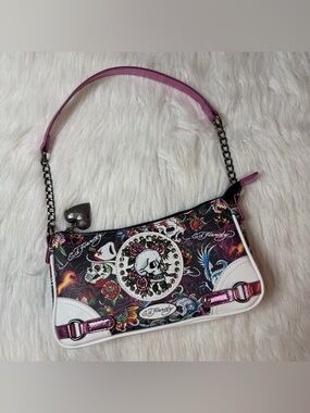 Ed Hardy Studded Rose Pink Metallic Shoulder Bag